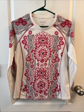 Athleta White Long-Sleeve Top with Red Floral Medallion Print